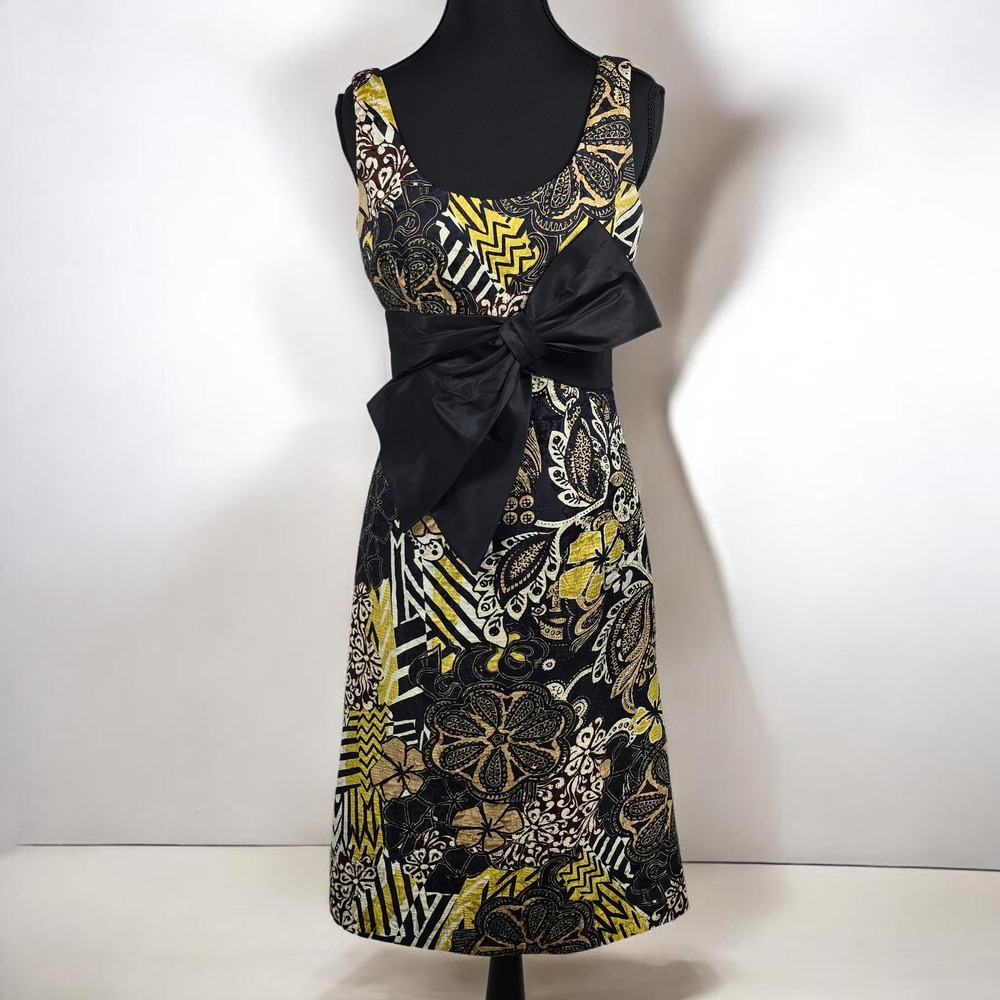 Kay Unger New York Sheath Dress Silk Blend Woman Size 2 Abstract Print Black Bow